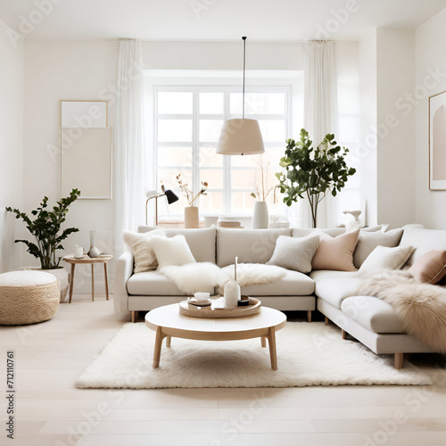 A living room features a neutral color palette  clean lines  and a focus on natural materials.