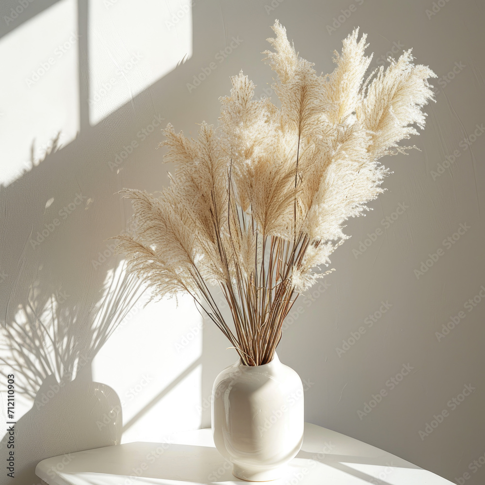 White pampas grass on a white table with sunlight coming from the side