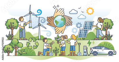 Climate policy and protection with eco practices outline concept. Sustainable and environmental awareness with alternative energy, forestation and renewable resources consumption vector illustration.
