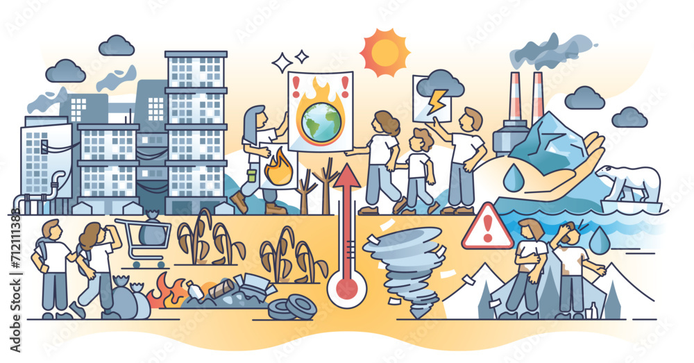 Climate policy and global weather changes caused crisis outline concept. Ice melting, deforestation, industrial manufacturing and pollution as main factors for ecosystem disasters vector illustration