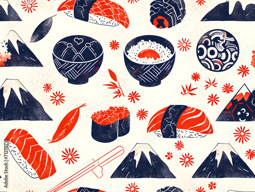 日本の美を映す寿司と富士山のイラストパターン