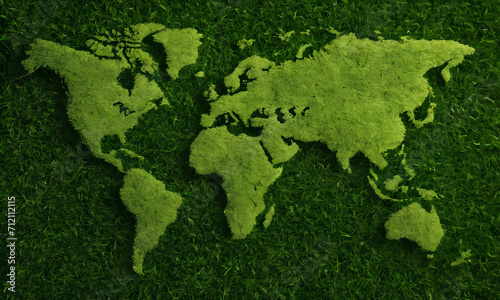 World map made from green grass and leaves. Ecology and green environment concept isolated
