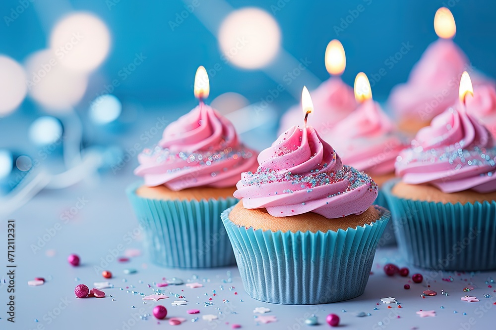 Pink and blue cupcakes celebrating birthday with sign and confetti