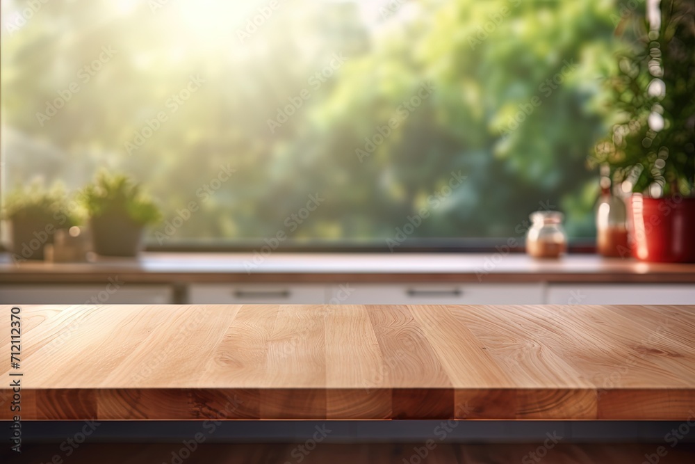 Product presentation on a blurry kitchen window with an empty wooden desk Product presentation on a blurry kitchen window with an empty wooden desk