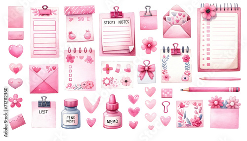 watercolor pink memo list items with cute faces and floral designs, perfect for organization and scrapbooking themes.