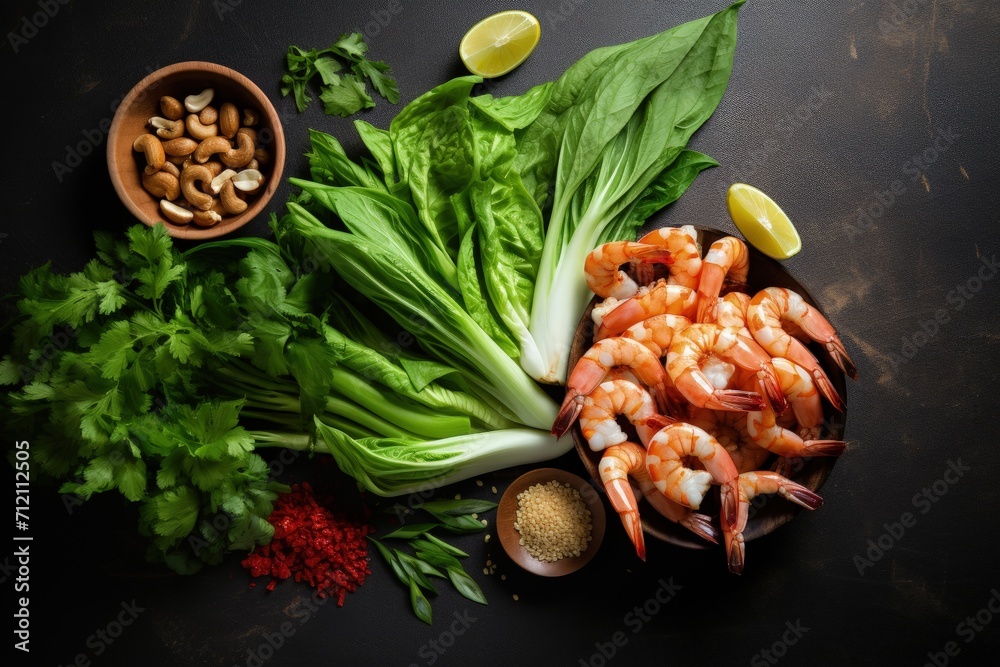 Shrimp veggies pak choi onions and peanuts in a flying wok Asian food