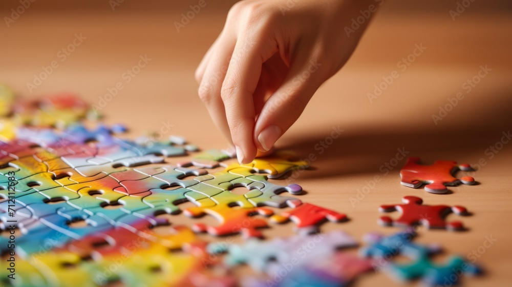 Girl's hand completing jigsaw puzzle: close-up shot of the final piece placement
