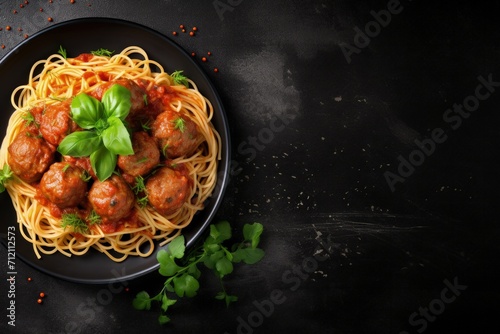 Spaghetti with meatballs in tomato sauce served in a black bowl on a dark background Top view space for text