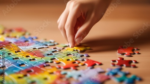 Girl's hand completing jigsaw puzzle: close-up shot of the final piece placement 