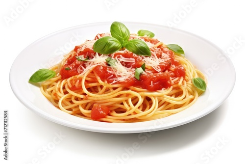 Spaghetti with tomato sauce parmesan and mozzarella cheese garnished with basil on a white background