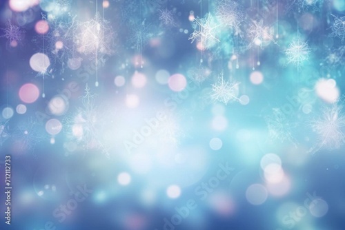 Festive backdrop with blurred lights and shimmering snowflakes. Generative AI © Rafaela
