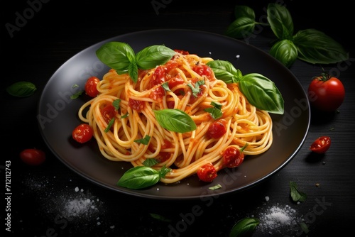 Tomato and basil pasta on a gray surface
