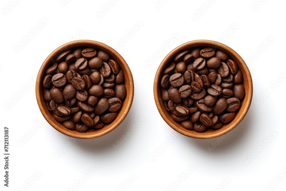 Fototapeta premium Top view of coffee in wooden bowls on white background