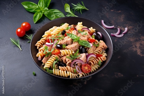 Top view of a gray stone background with fusilli pasta salad accompanied by tuna tomatoes black olives and basil
