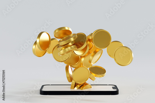 Many coin up rising from smartphone screen, take profit from online e-commerce, 3D rendering