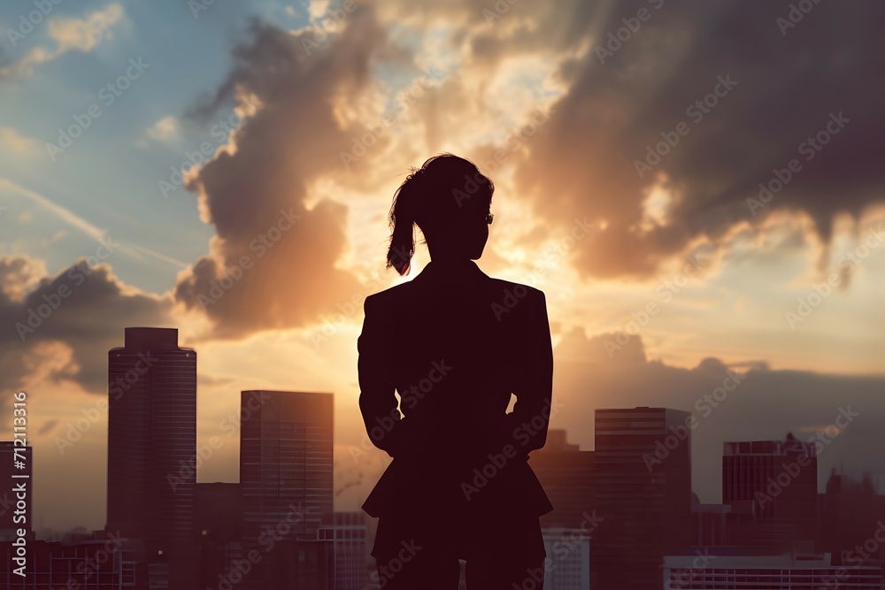 A contemplative silhouette of a businesswoman against a vibrant cityscape A contemplative silhouette of a businesswoman against a vibrant cityscape