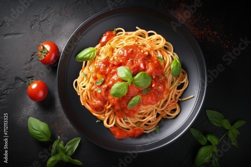 Top view of pasta with tomato sauce in black bowl on grey stone background Close up shot