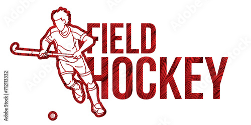 Field Hockey Font Design with Male Player Action Cartoon Graphic Vector