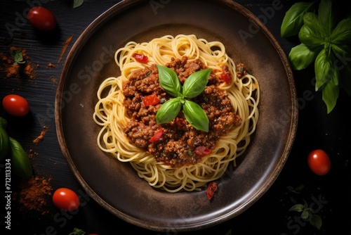 Top view of Italian pasta Bolognese