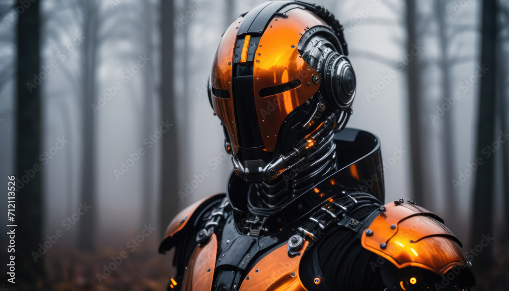AI generated illustration of a Faceless Cyborg in black and orange armor . AI generated illustration of a Faceless Cyborg in black and orange armor .