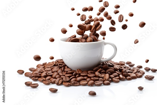 White cup isolated on white background with coffee drops