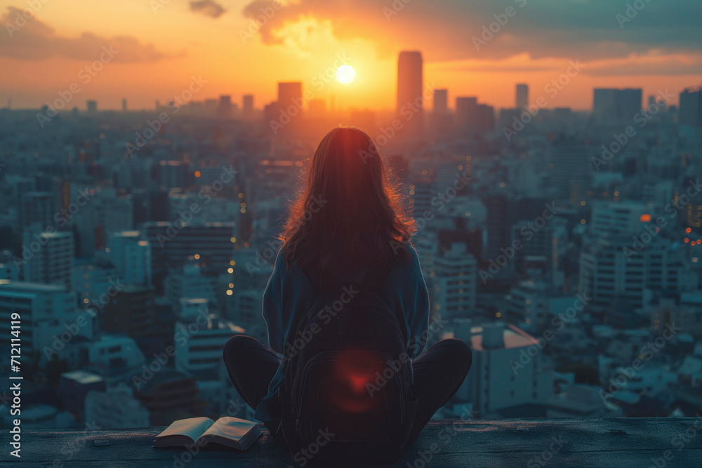 Fototapeta premium independent woman She was alone and sitting on the rooftop.