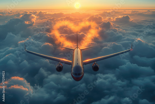 The plane flies above the clouds. heart shaped On Valentine's Day