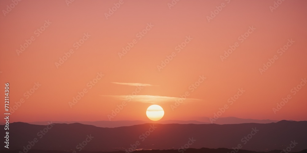 Peach colored sunrise over the mountains. Beautiful landscape. Panoramic view, romantic background 