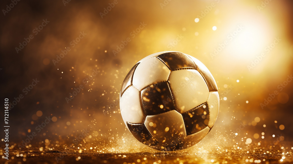 Fototapeta premium soccer ball in the net in the sunbeams. golden background
