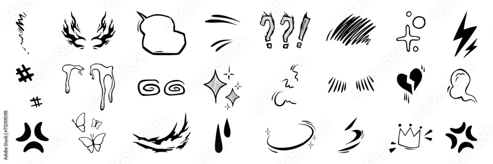 Fototapeta premium Anime manga ink drawing emotion effect element. Expression sign, speech bubble, crown, heart and butterfly shape. Character emotion vector set.