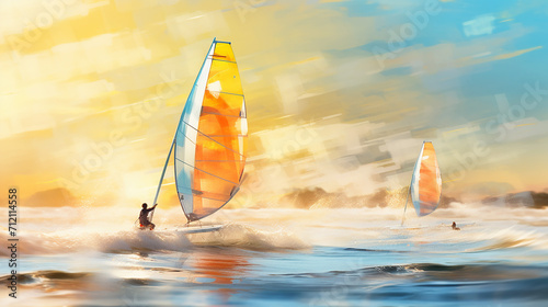 windsurfers at the Atlantic ocean and youngster in front in bokeh