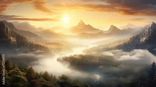 Photo Realistic Misty Mountain Morning panorama © BornHappy