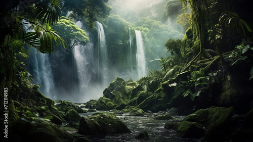 Photo Realistic Majestic Waterfall in a Rainforest nature © BornHappy