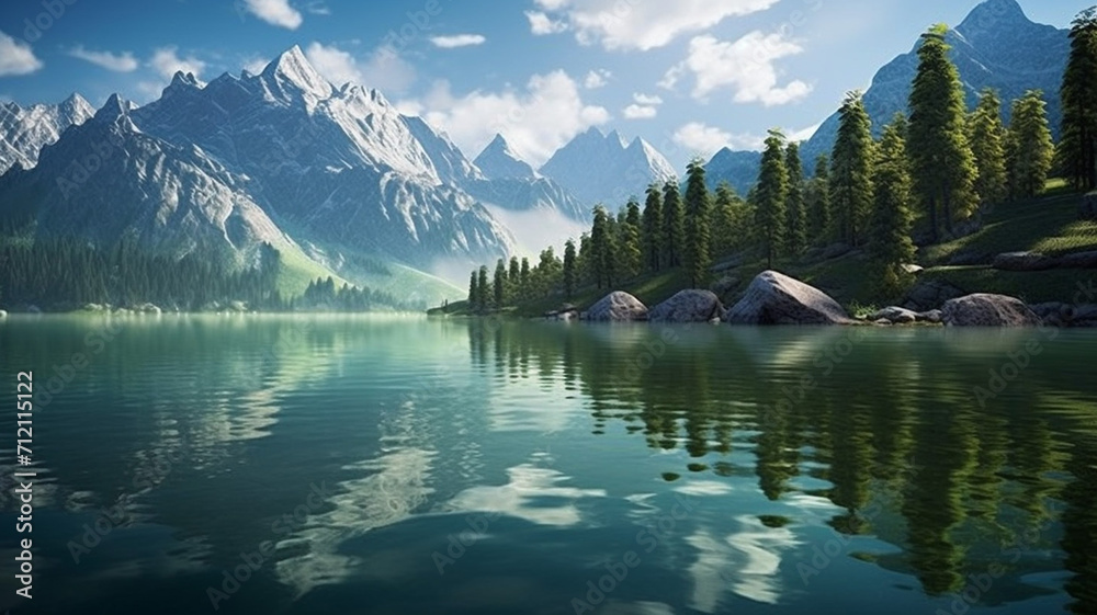 Photo Realistic Pristine Alpine Lake - obrazy, fototapety, plakaty 