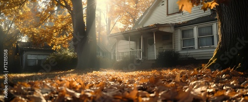 a home has fallen leaves in front of it, typical american suburb background, pastoral charm, cottage. sunny autumn with a brilliant sun. generative AI