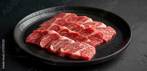 a black plate with beef cuts that have been sliced