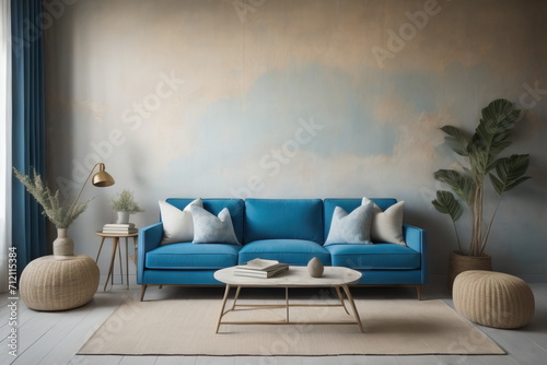 Coastal interior design of modern living room with blue sofa and stucco distressed wall  © Marko