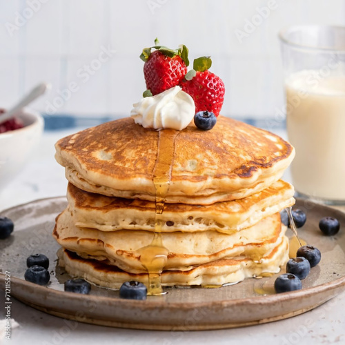 a stack of pancakes with honey and berries. Beautiful breakfast