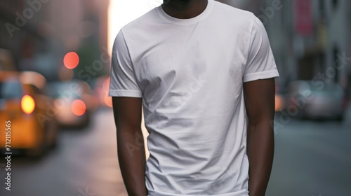 Man model shirt mockup. Boy wearing white t-shirt on street in daylight. T-shirt mockup template on hipster adult for design print. Male guy wearing casual t-shirt mockup placement.