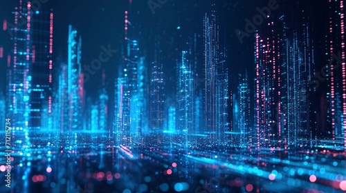 Abstract hologram 3D city rendering with futuristic matrix. Digital skyline with a binary code particles network. Technology and connection concept. Architecture background with particle skyscrapers.