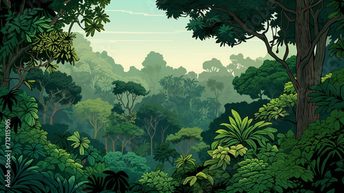 Vector Illustration Lush Green Rainforest Canopy © BornHappy
