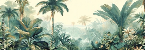 Wallpaper of a palm trees and tropical plant.