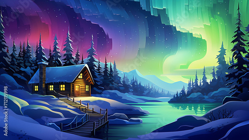 Vector Illustration Northern Lights Cabin View snow
