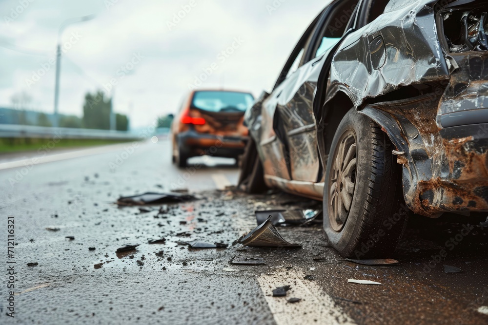 Capturing the aftermath of a car accident with a broken vehicle, highlighting the importance of road safety and caution Capturing the aftermath of a car accident with a broken vehicle, highlighting the importance of road safety and caution