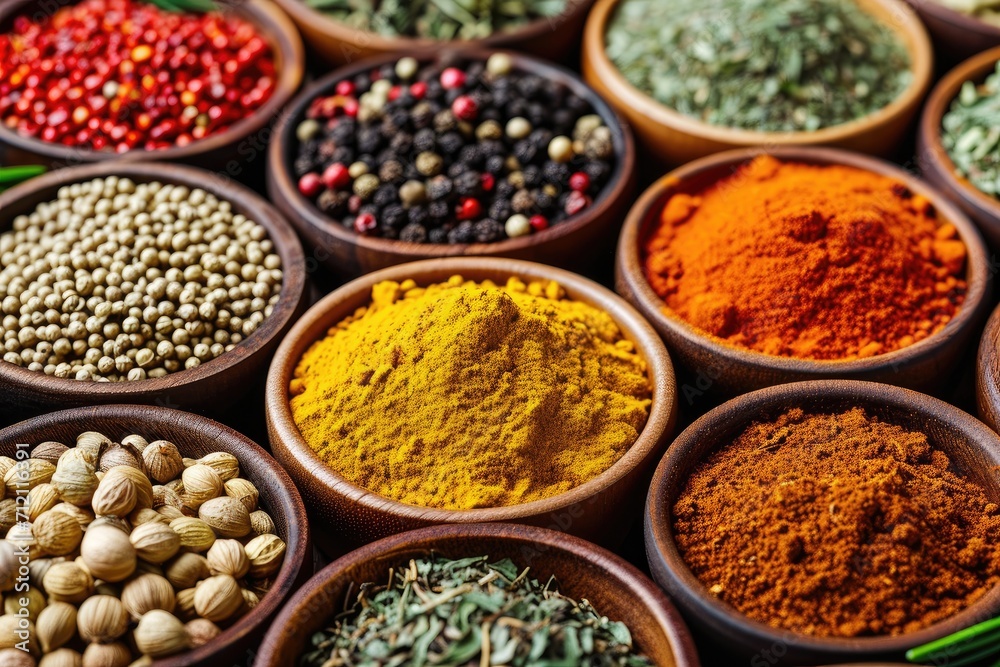 A collection of exotic spices and herbs in small bowls A collection of exotic spices and herbs in small bowls