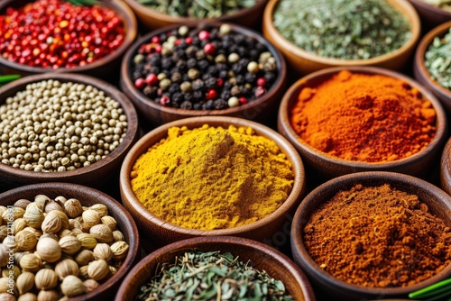 A collection of exotic spices and herbs in small bowls