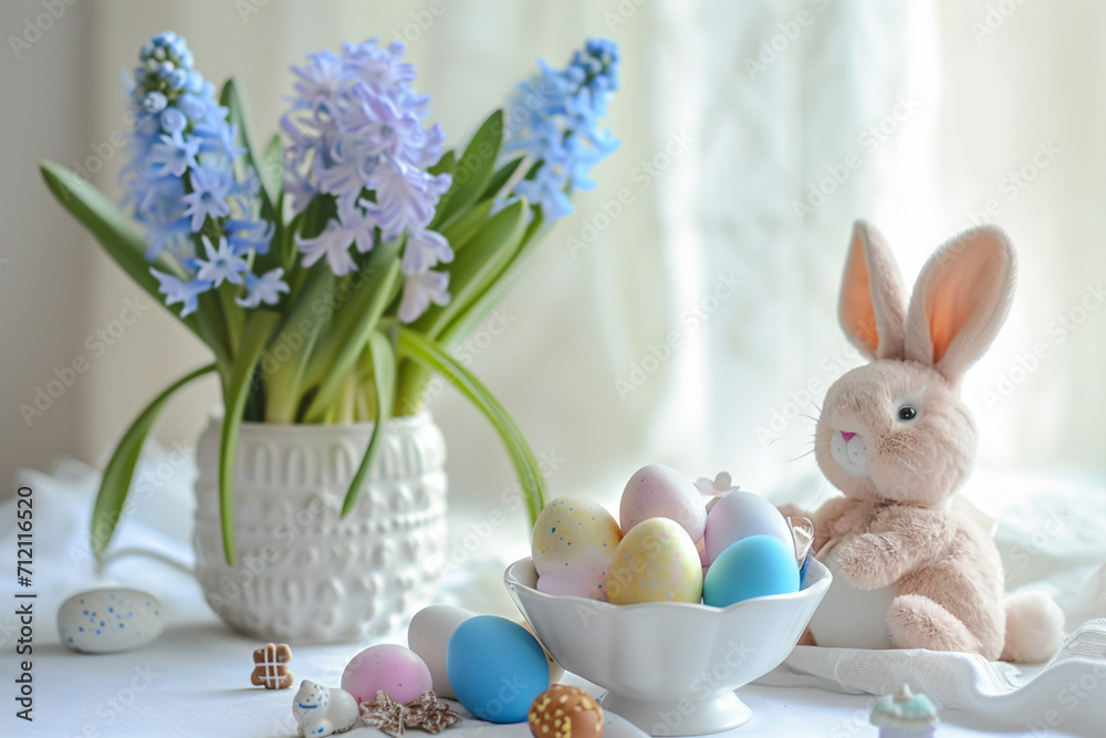 Easter Bunny. Painted eggs and beautiful blue hyacinths in a white vase and Easter Bunny on a light background. Easter Bunny. Painted eggs and beautiful blue hyacinths in a white vase and Easter Bunny on a light background.