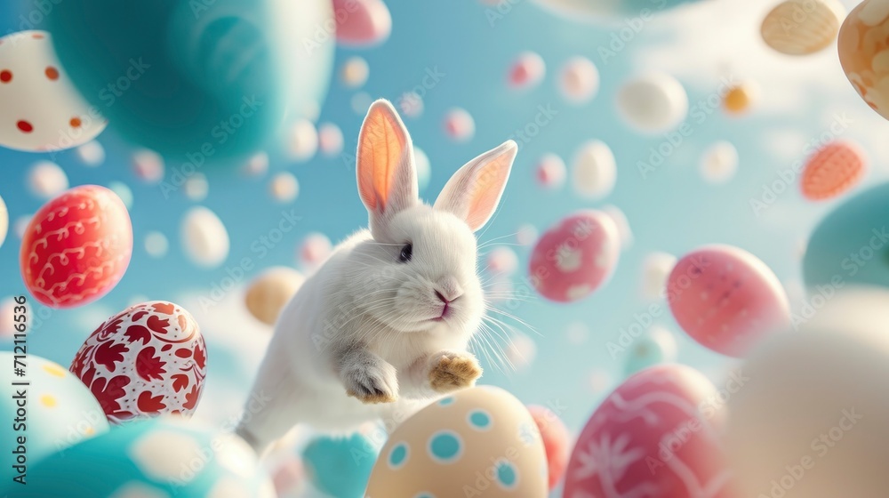 Close-Up Photo Capturing the Playful Motion of Flying Easter Eggs and a Rabbit, Infusing Joyful Energy into the Festive Pattern. Close-Up Photo Capturing the Playful Motion of Flying Easter Eggs and a Rabbit, Infusing Joyful Energy into the Festive Pattern.