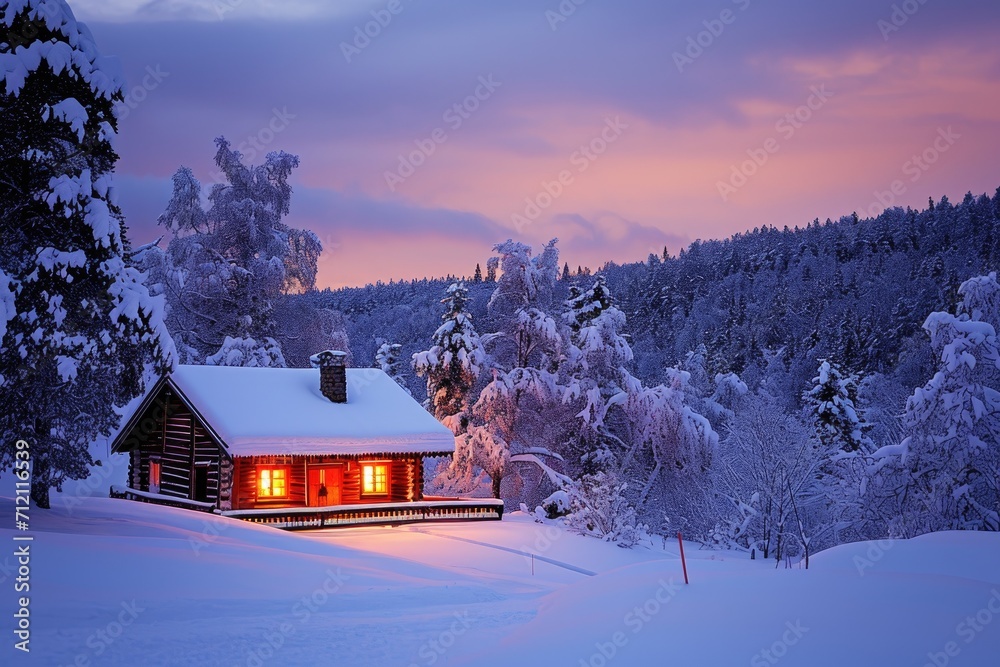 A cozy cabin in a snowy landscape at twilight.