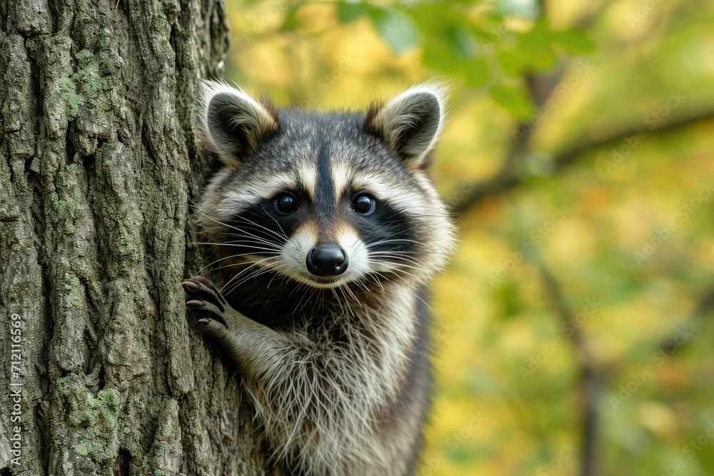 A curious raccoon peeking from behind a tree, in a forest setting A curious raccoon peeking from behind a tree, in a forest setting